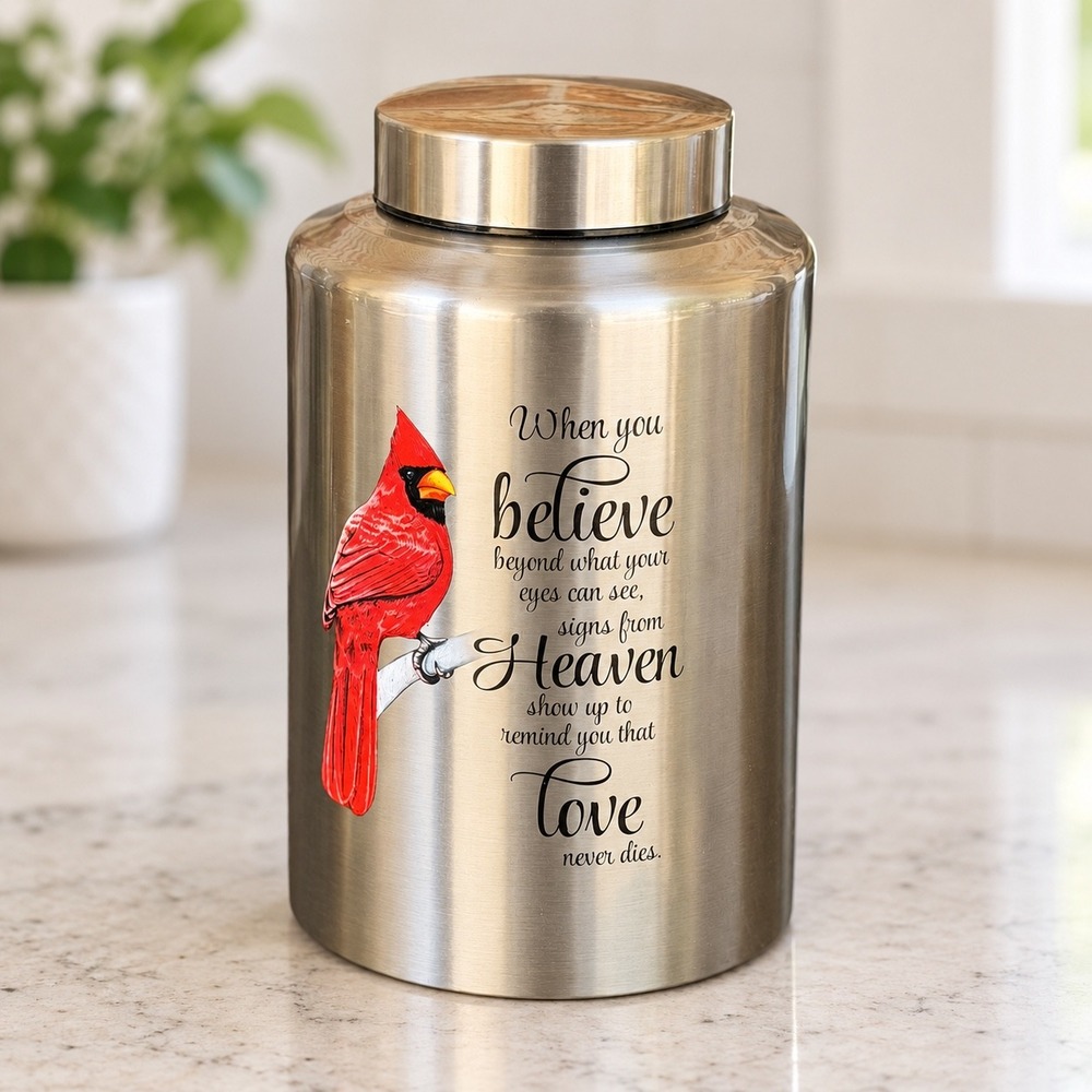 Cardinal Memorial Urn Stainless Steel Keepsake Jar Signs From Heaven Tribute